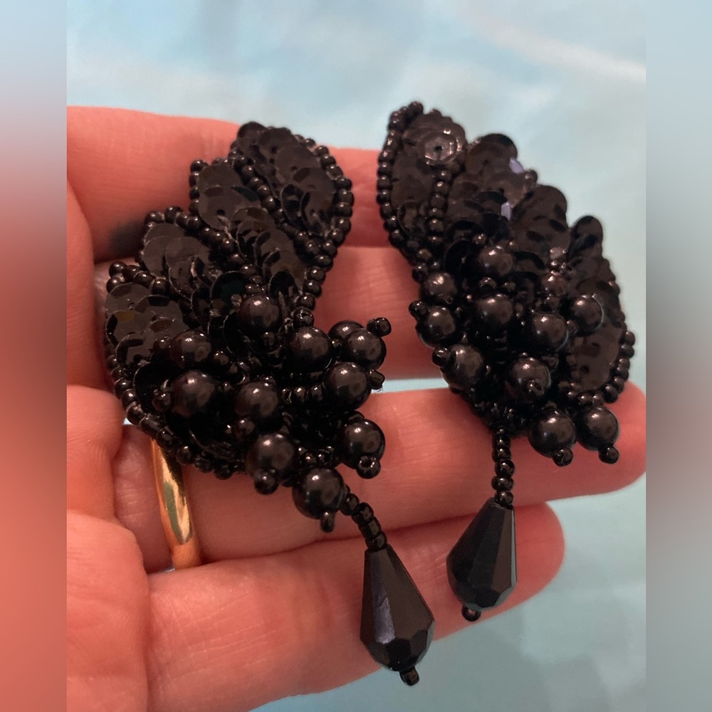 Vintage Handcrafted Black Beaded/Sequin Dangle Earrings